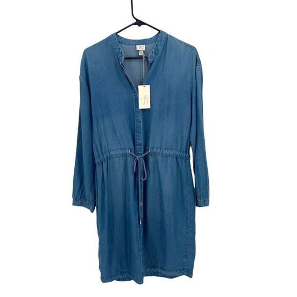 A‎ New Day Womens Button Front Chambray Drawstring Denim Dress Blue Medium NWT - Picture 1 of 10